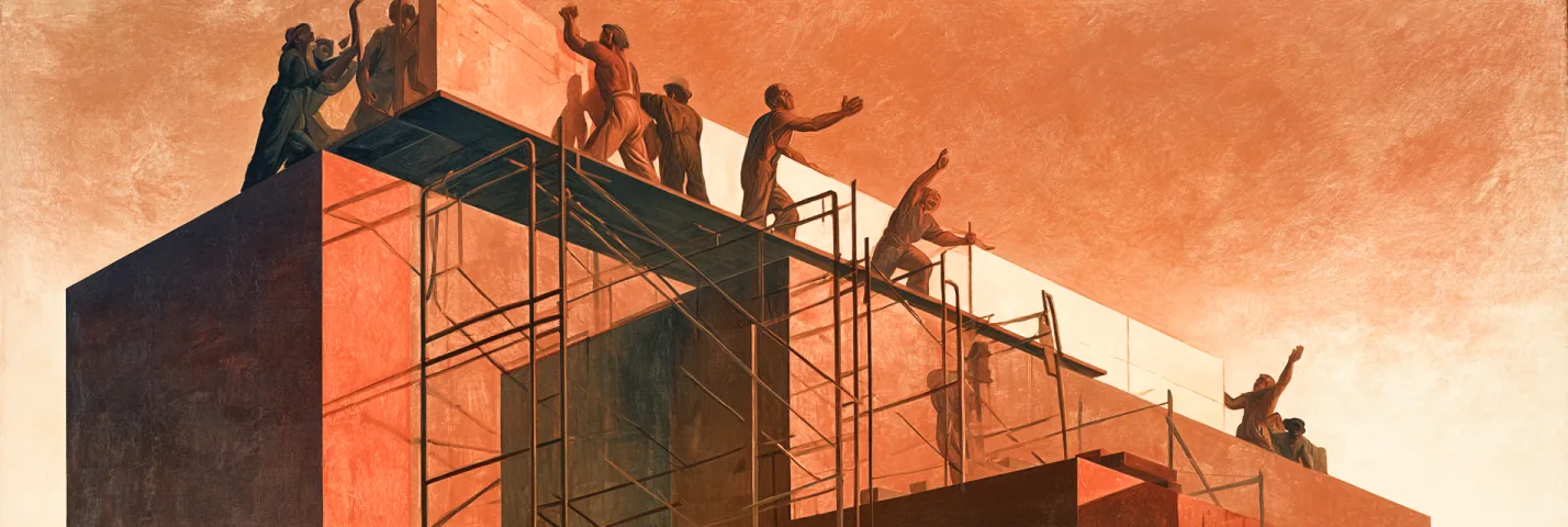 Mural of workers building a structure together.