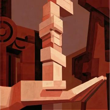 A hand balancing a stacked tower of blocks.
